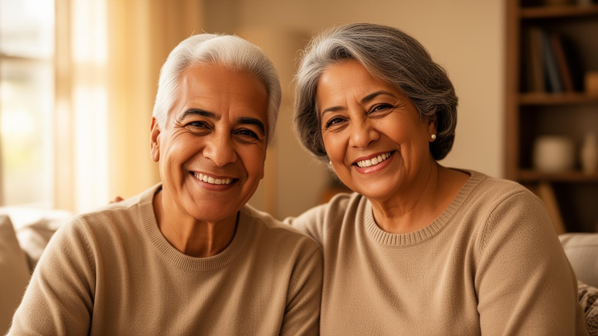 Happy senior couple smiling together at home